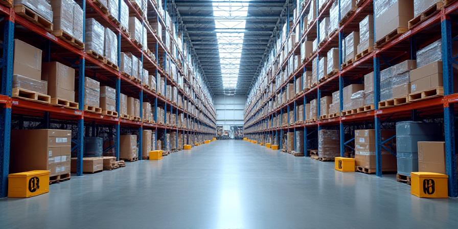 Modern logistics warehouse interior with high shelving
